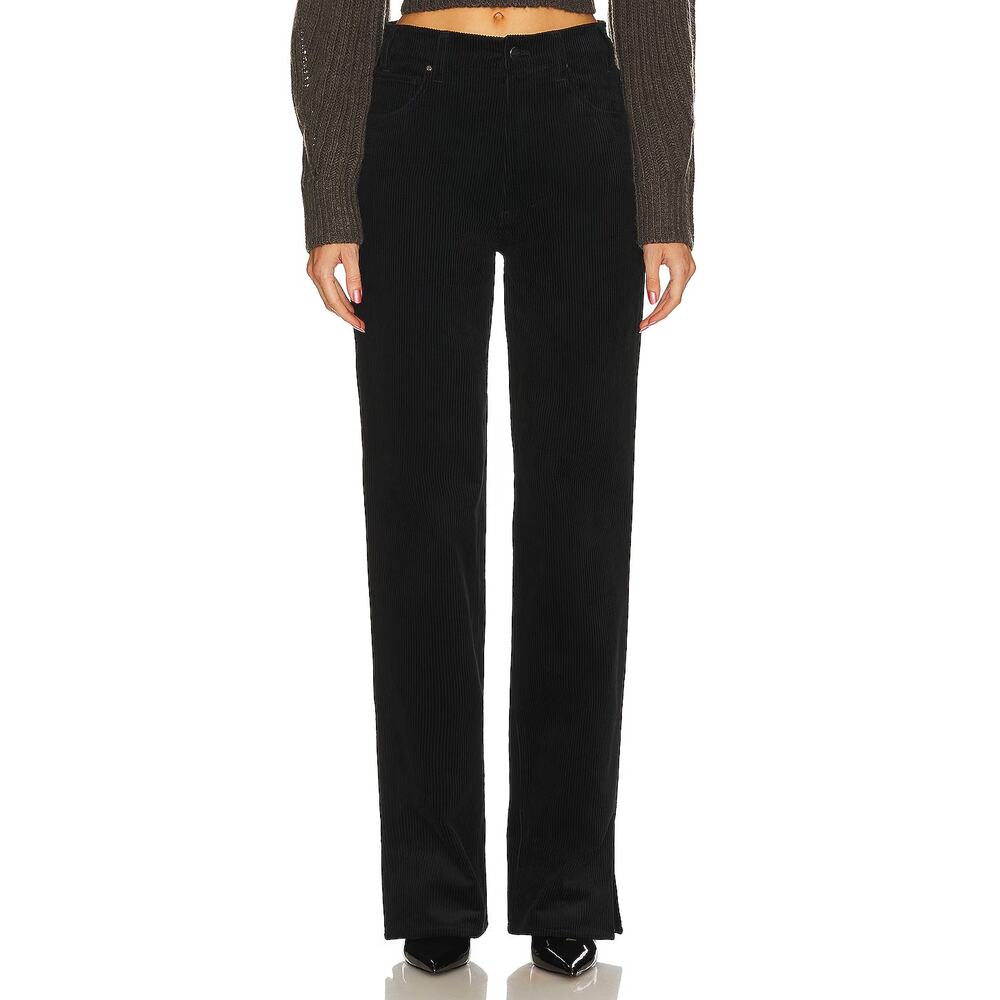 Anine Bing Roy Corduroy Pants Black Boyfriend Straight Leg Split Hem SZ 29